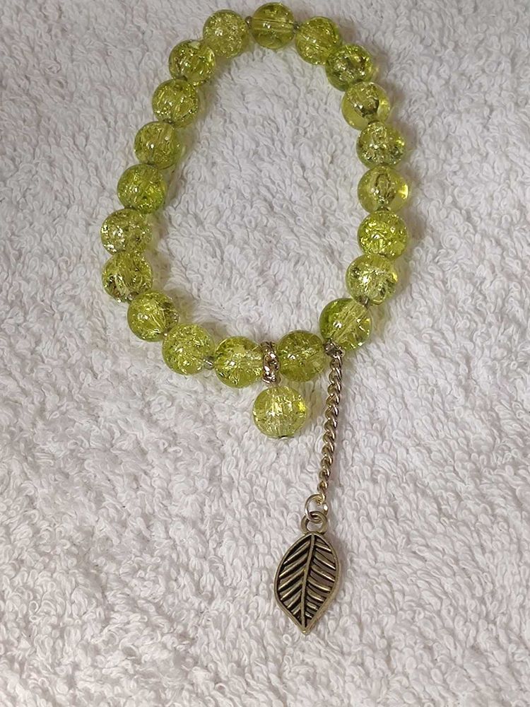 Sparkling Green Beaded Bracelet with Leaf Charm