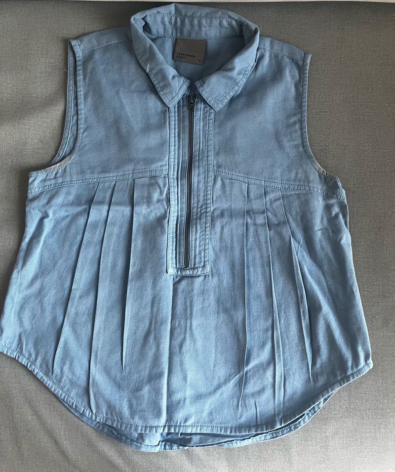 Light Wash Denim Sleeveless Collared Zip Top