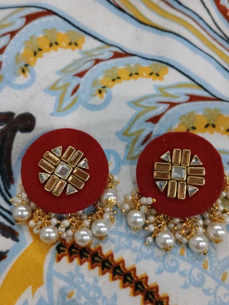 handmade red &amp; Pearl Drop Earrings
