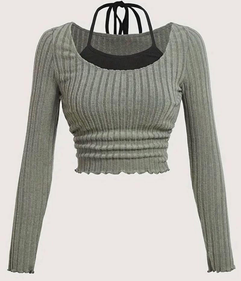 Ribbed Knit Cropped Top with Camisole