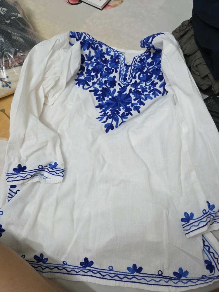 White Kurta with Blue Embroidery