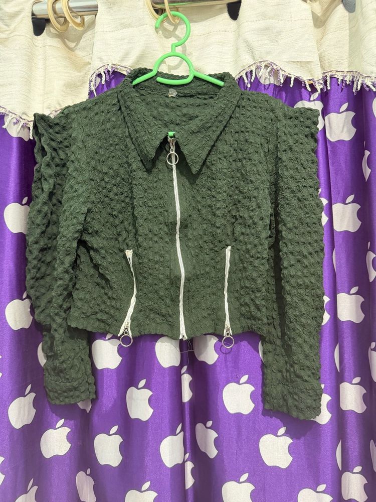 Olive Green Textured Crop Jacket