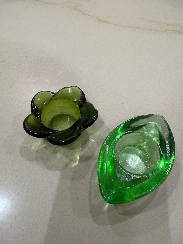 Set of 2 Green Glass Candle Holders