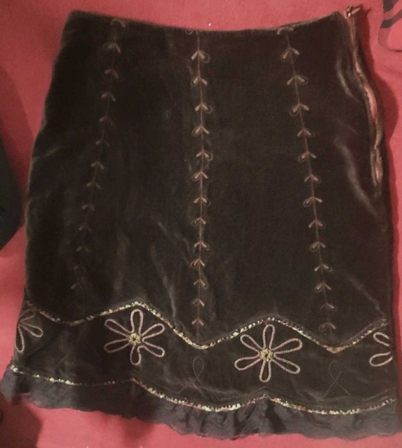 Brown Embroidered Velvet Mini Skirt