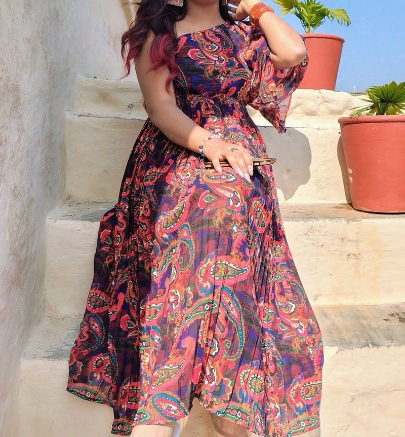 Bohemian Print One-Shoulder Midi Dress