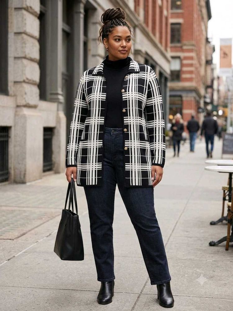 Chic Plaid Knit Sweater Jacket