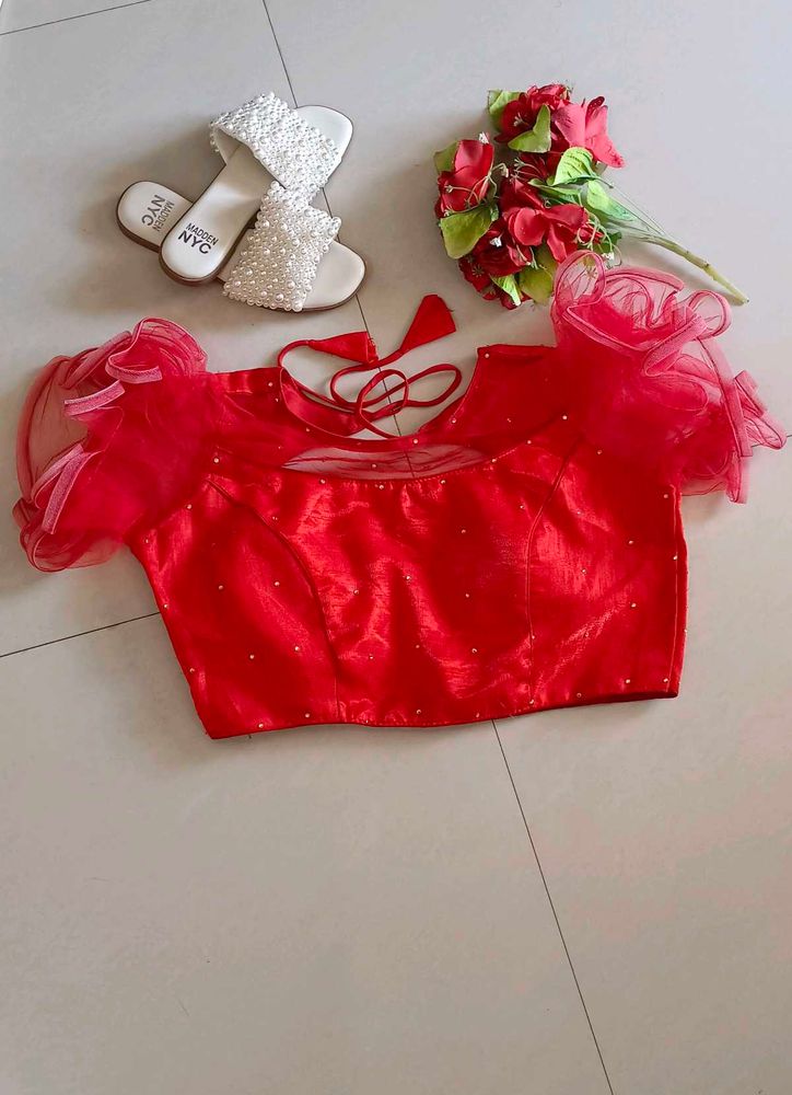 Stunning Red Blouse with Ruffle Sleeves