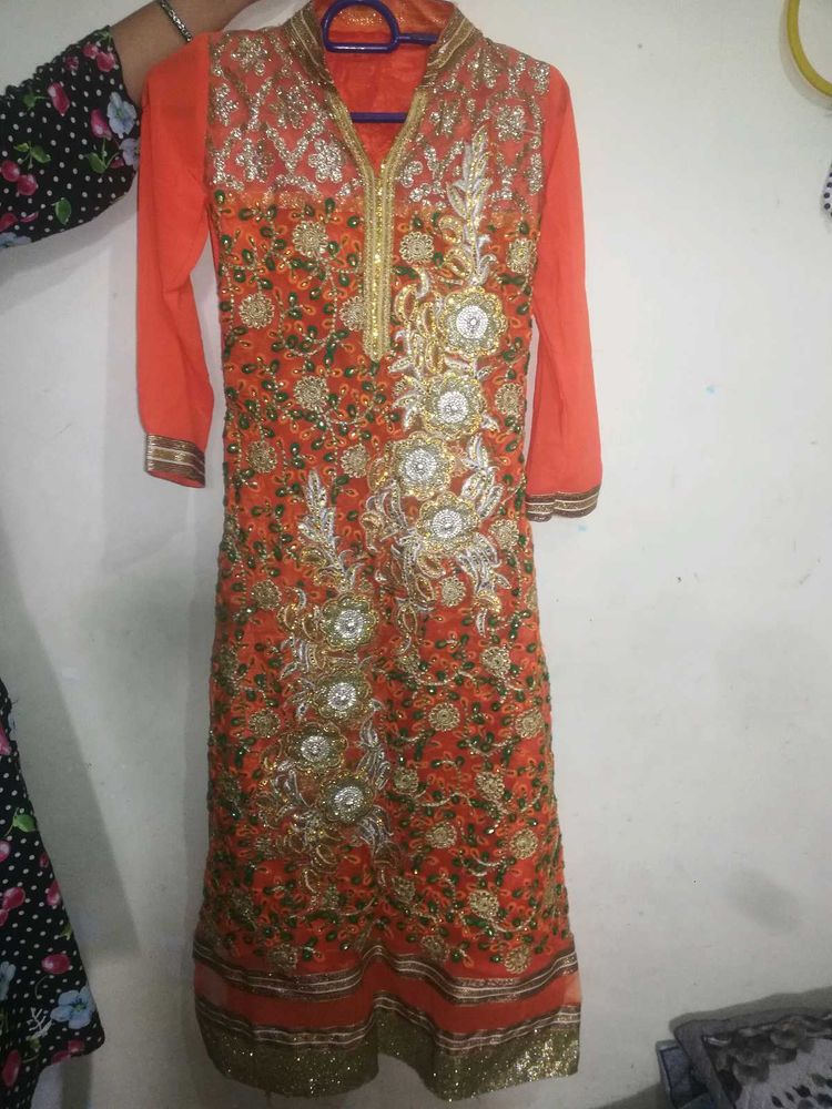 Stunning Orange Embroidered Kurta