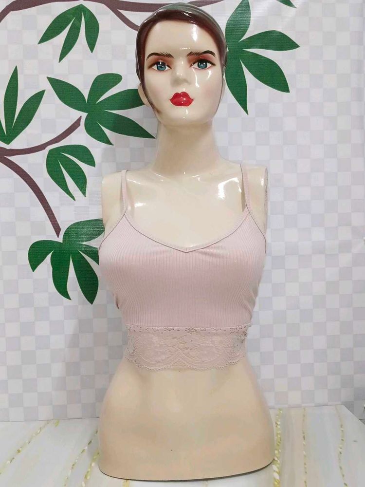 (700)Pink Lace Trim Cami Top