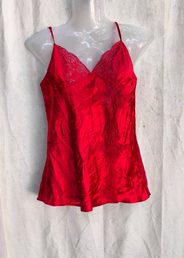 I. Lace Trim Red Cami Top