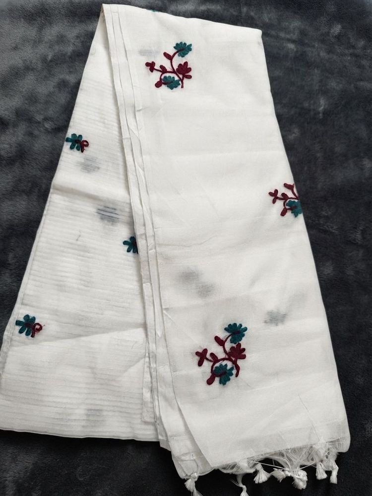 Elegant White Embroidered Saree
