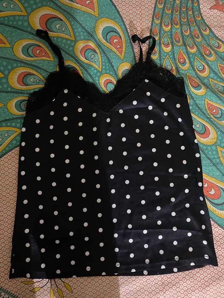 Black Polka Dot Lace Trim Cami Top