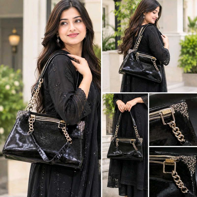 Chic Black Patent Handbag with Gold Chain