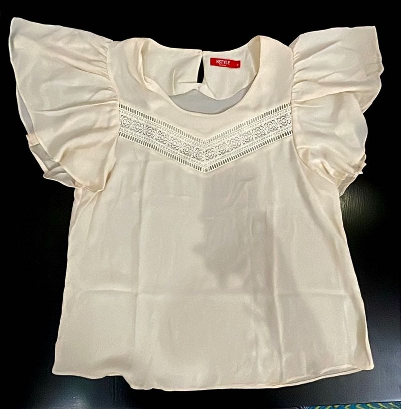Elegant Cream Lace Trim Flutter Sleeve Top