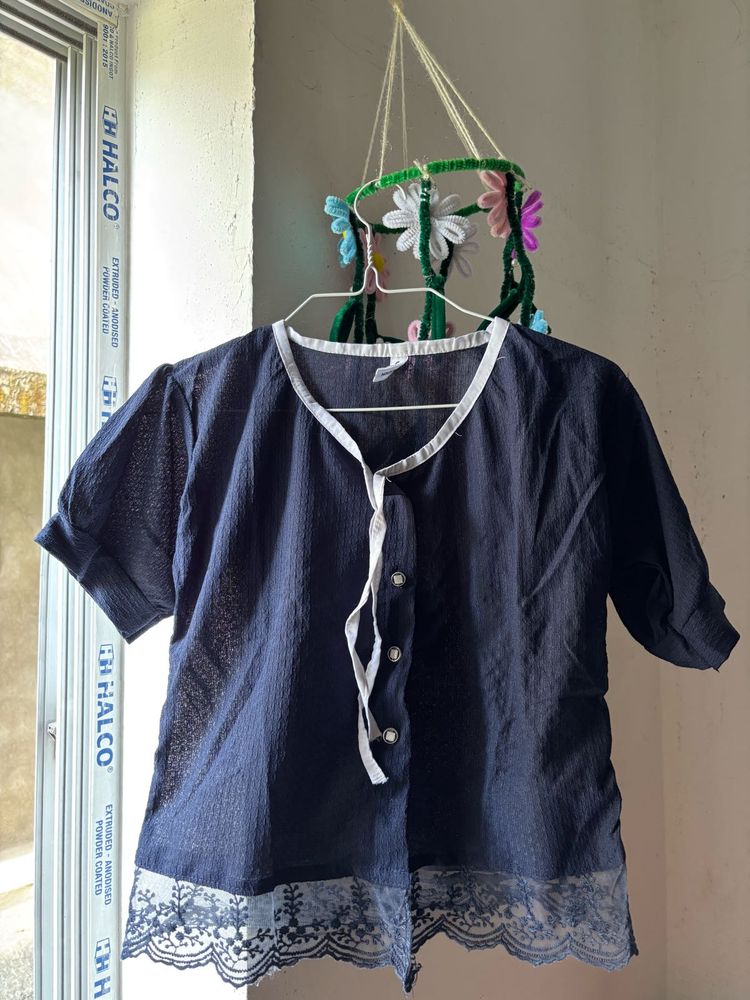 Navy Blue Lace Trim Blouse