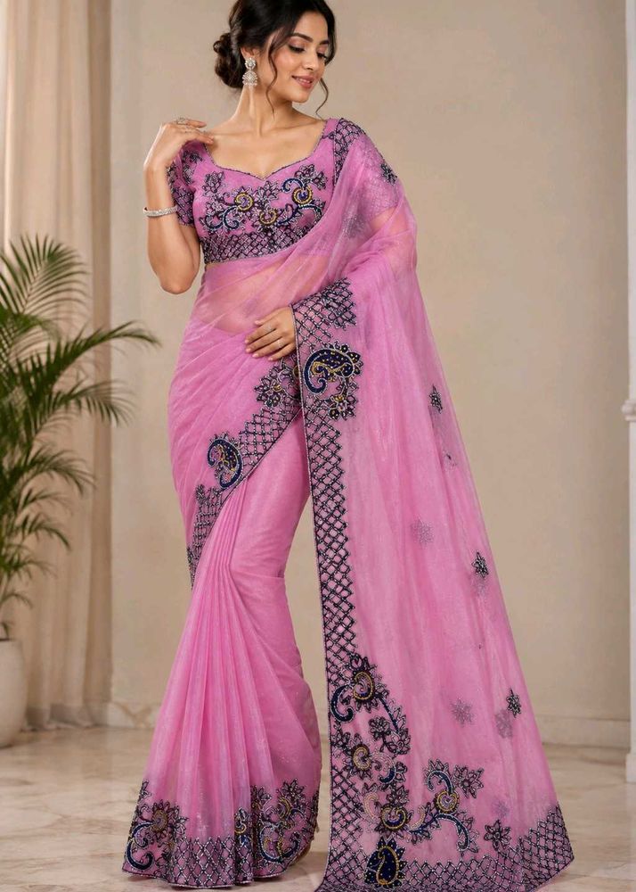 Stunning Pink Embroidered  Saree
