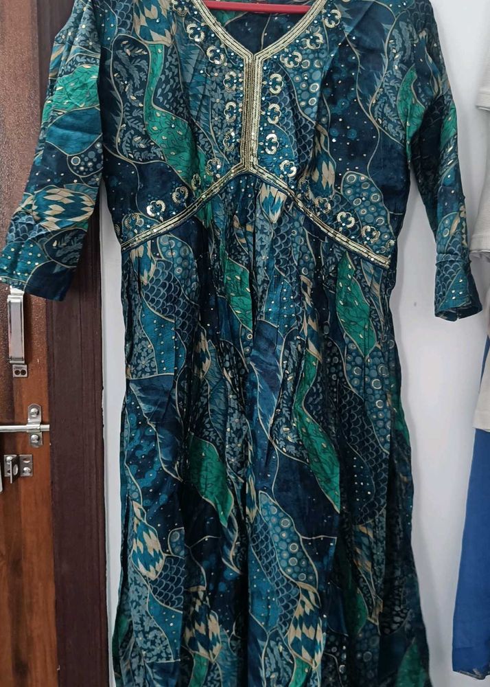 Teal Printed Kurti Set (with Dupatta)