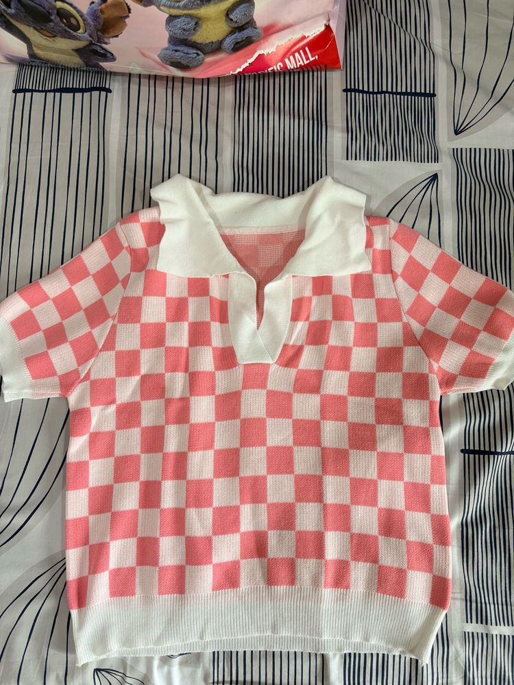 Pink &amp; White Checkerboard Collared Top