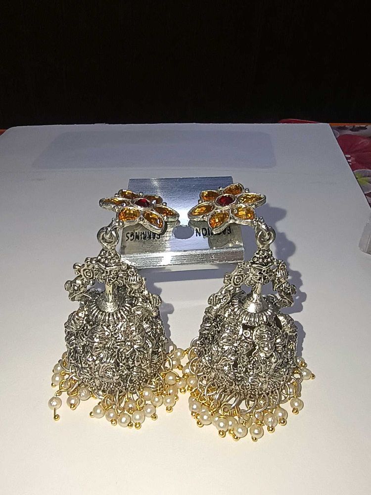Exquisite Oxidized Jhumka Earrings with Pearls