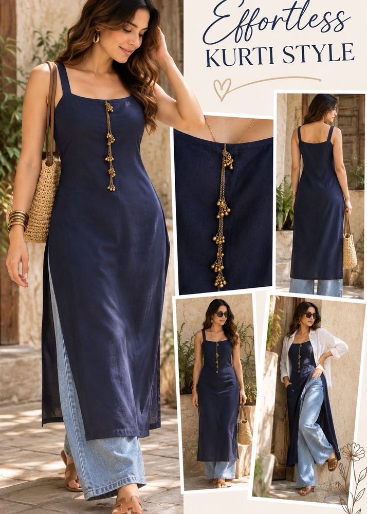 Stylish Navy Blue Chanderi Silk Kurti