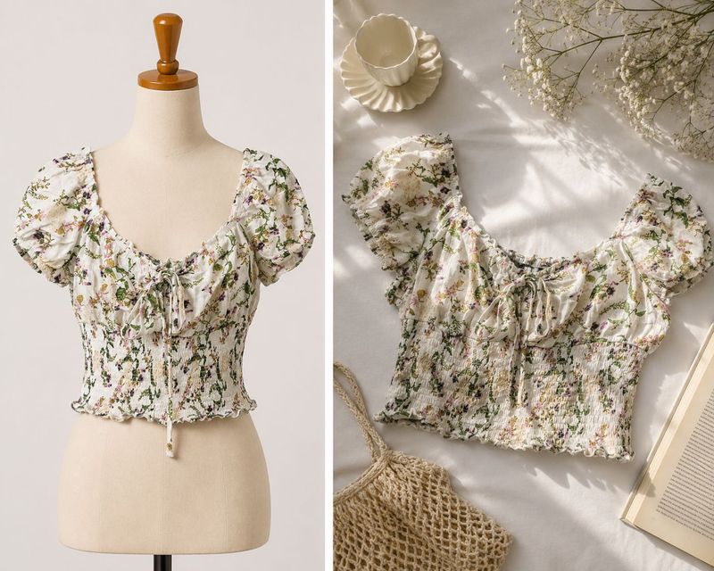 Zudio Floral Smocked Puff Sleeve Crop Top