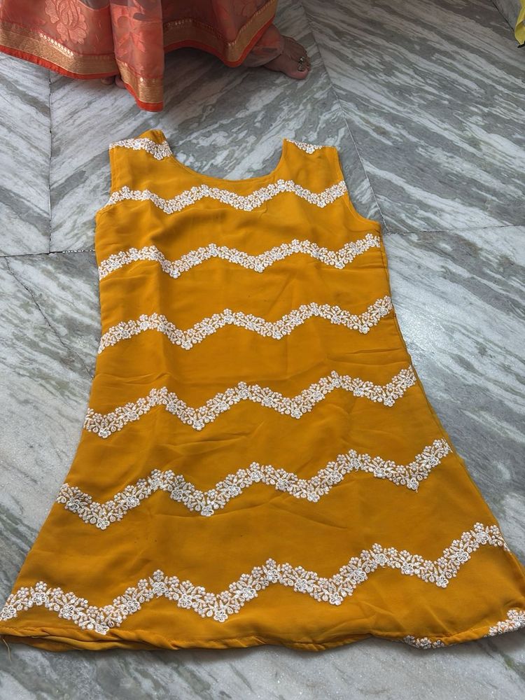 Yellow Embroidered Sleeveless kurti