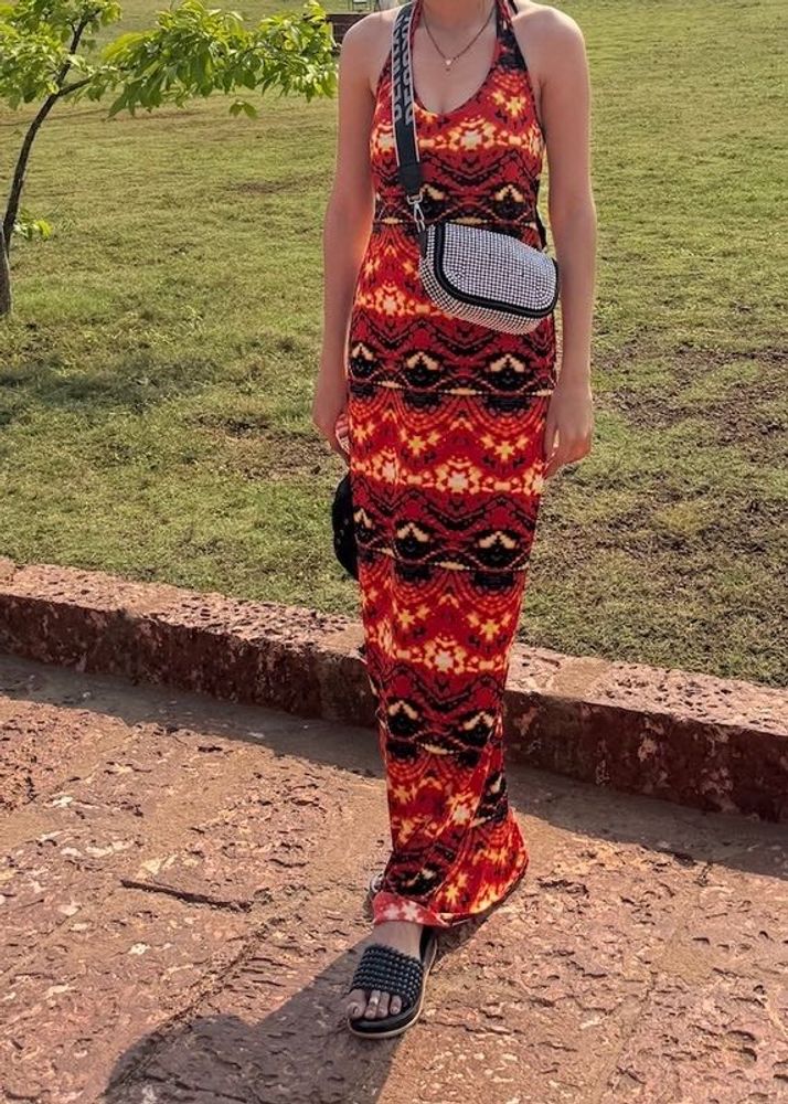 Patterned Halter Neck Maxi Dress