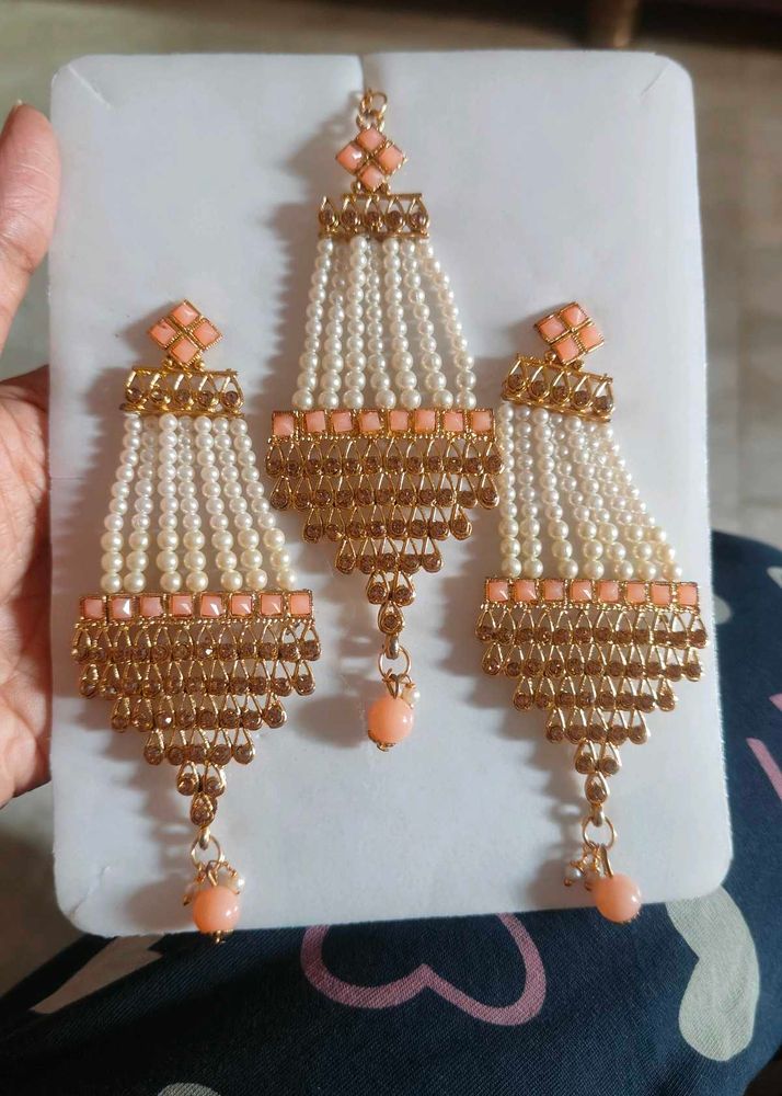 Elegant Pearl &amp; Peach Kundan Jewellery Set