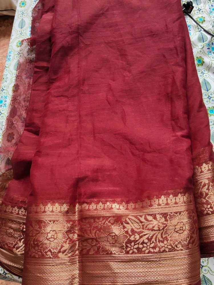 Maroon chiffon silk Saree with Gold Border