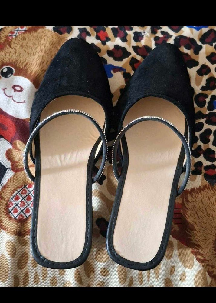 Black Mules with Rhinestone Strap
