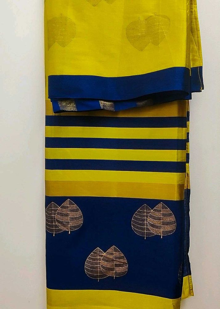 Yellow &amp; Blue Leaf Print Saree