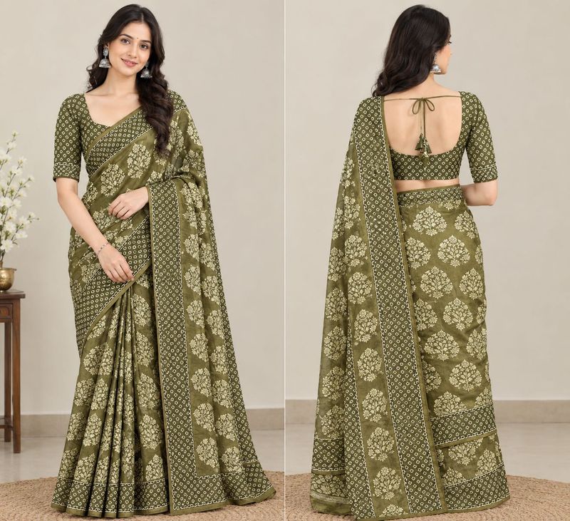 Elegant Olive Green Saree with Blouse