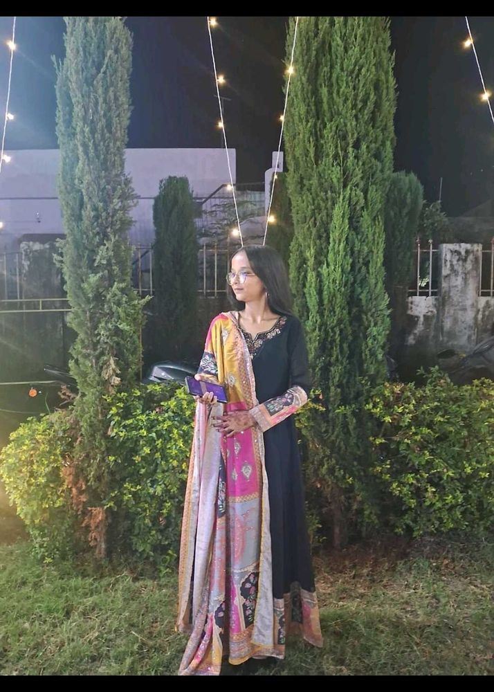 Festive Black Long Flared Kurti Set with Embroider