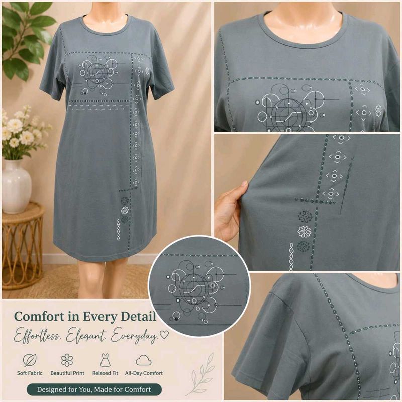 Comfortable Grey Printed T-Shirt Dress
