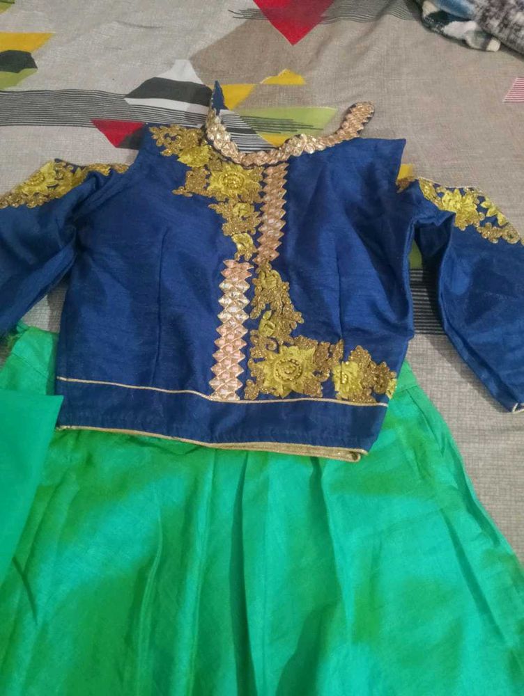 Royal Blue &amp; Green Embellished Lehenga Set
