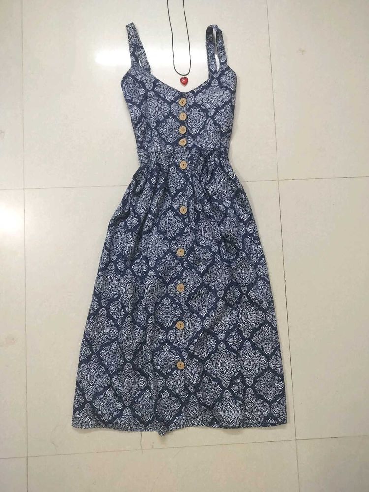 Blue Patterned Button-Down Dress