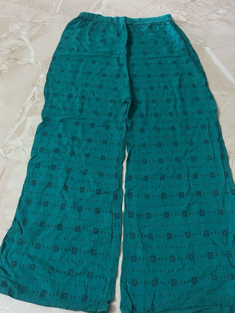 Teal Cotton Palazzo Pants with Print