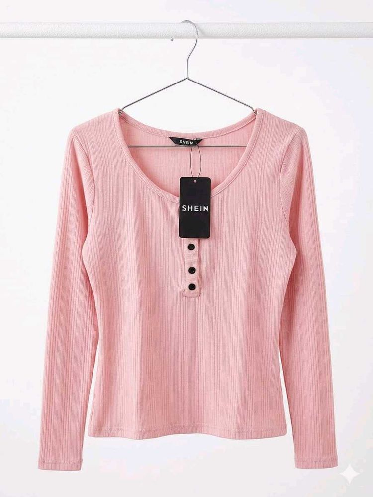 Pink Ribbed Button-Up Long Sleeve Top