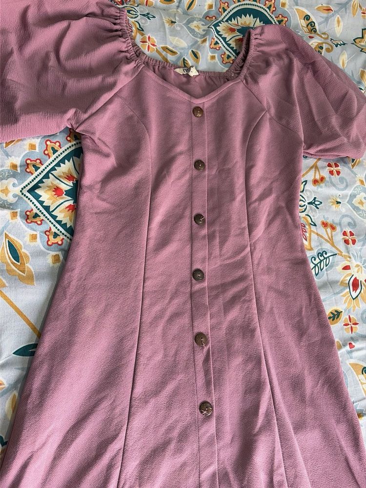 Chic Pink Button-Up Puff Sleeve Dress