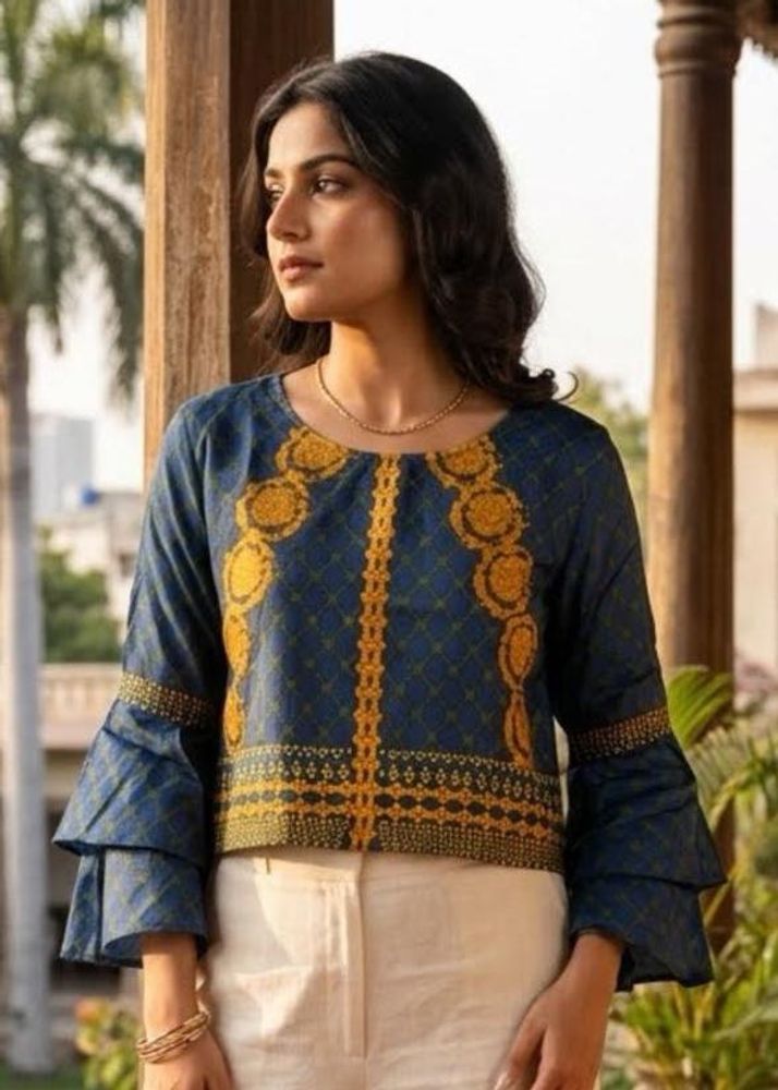 last price Blue &amp; Yellow Ethnic Kurti Top