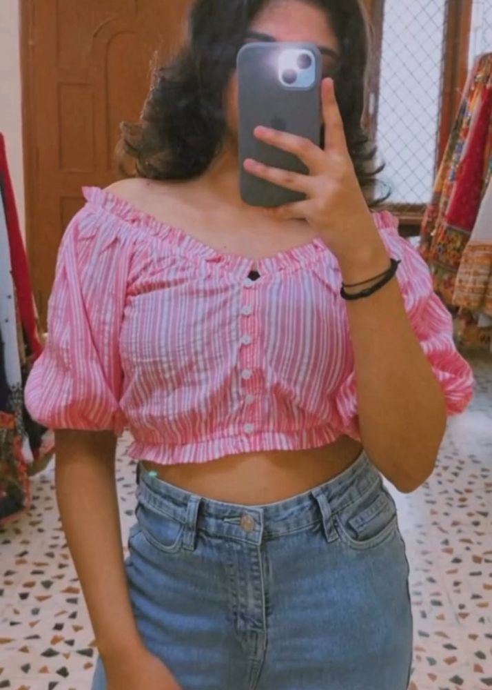 Pink Striped Off-Shoulder Crop Top