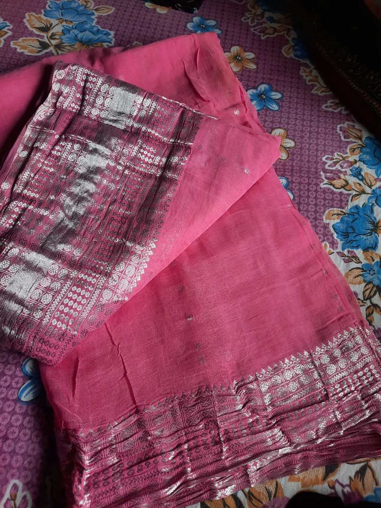 Elegant Pink Saree with Silver Border