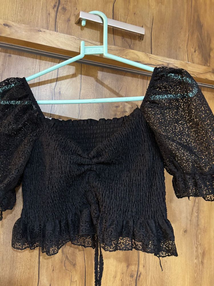 Black Smocked Lace Crop Top in