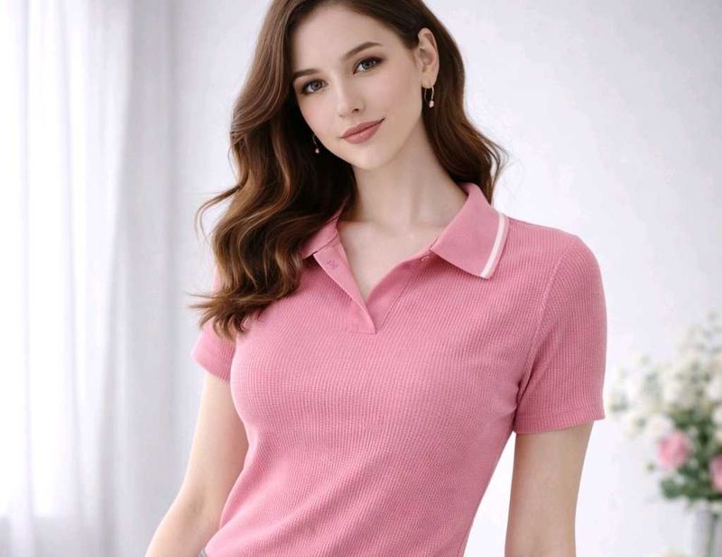 Chic Ribbed Pink Polo Crop Top