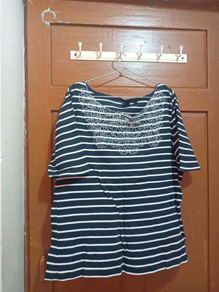 Striped Tunic Top with Floral Embroidery