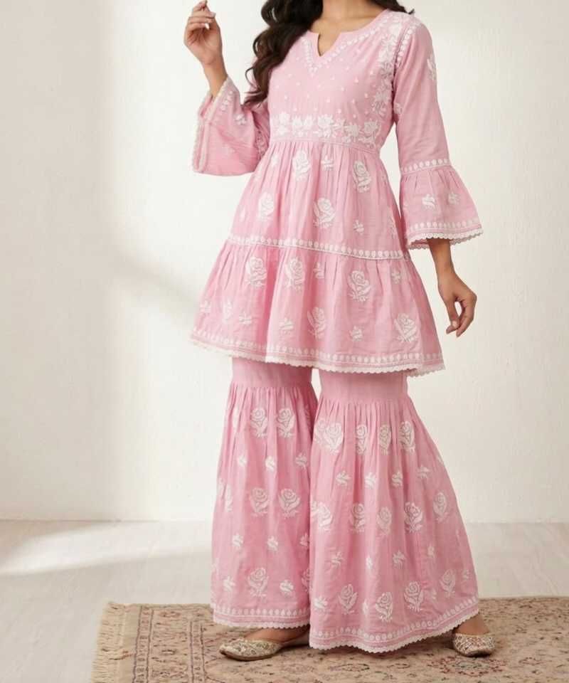 Price Drop Pink Lakhnavi Embroidered frock garara