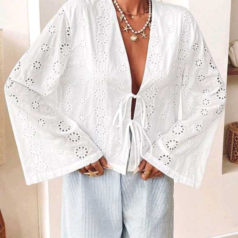 White Broderie Anglaise Tie-Front Blouse