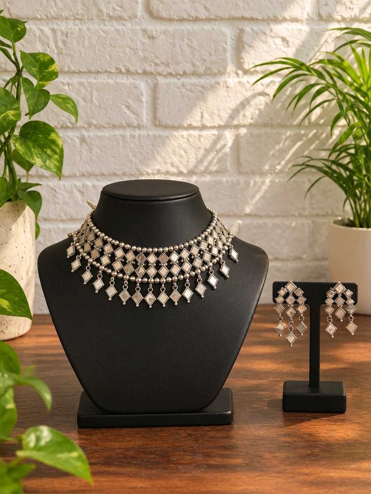 Silver Oxidised Mirror Necklace &amp; Earring Set