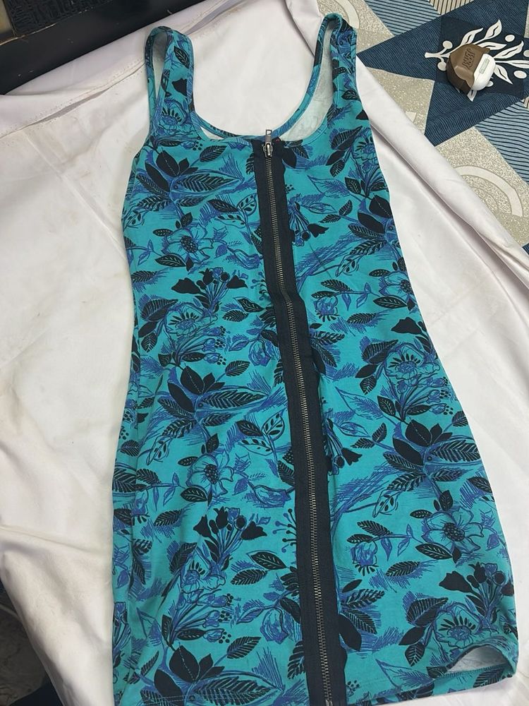 Teal Floral Print Dress with Zipper