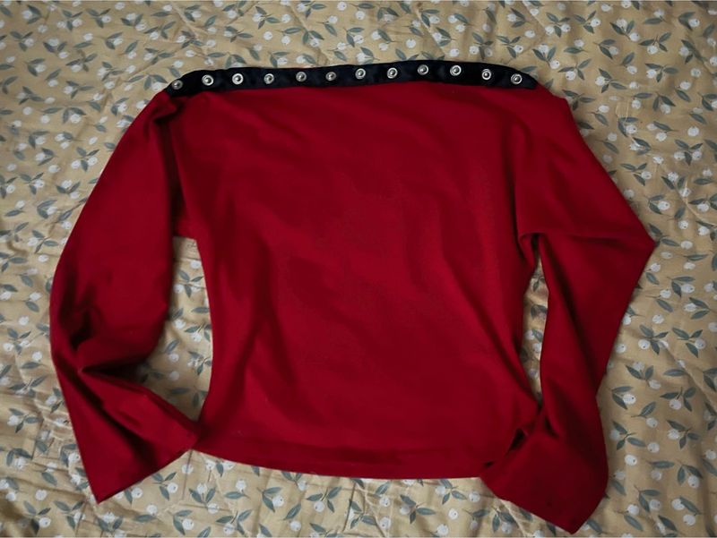 Red Boat Neck Long Sleeve Top
